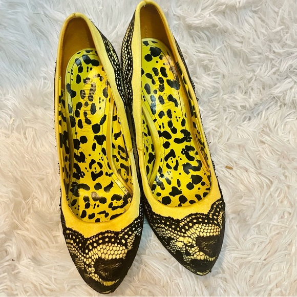 Colin Stuart Y2K Yellow & Black Lace Pump StilettoHeel Leopard Print Insoles - Picture 5 of 10